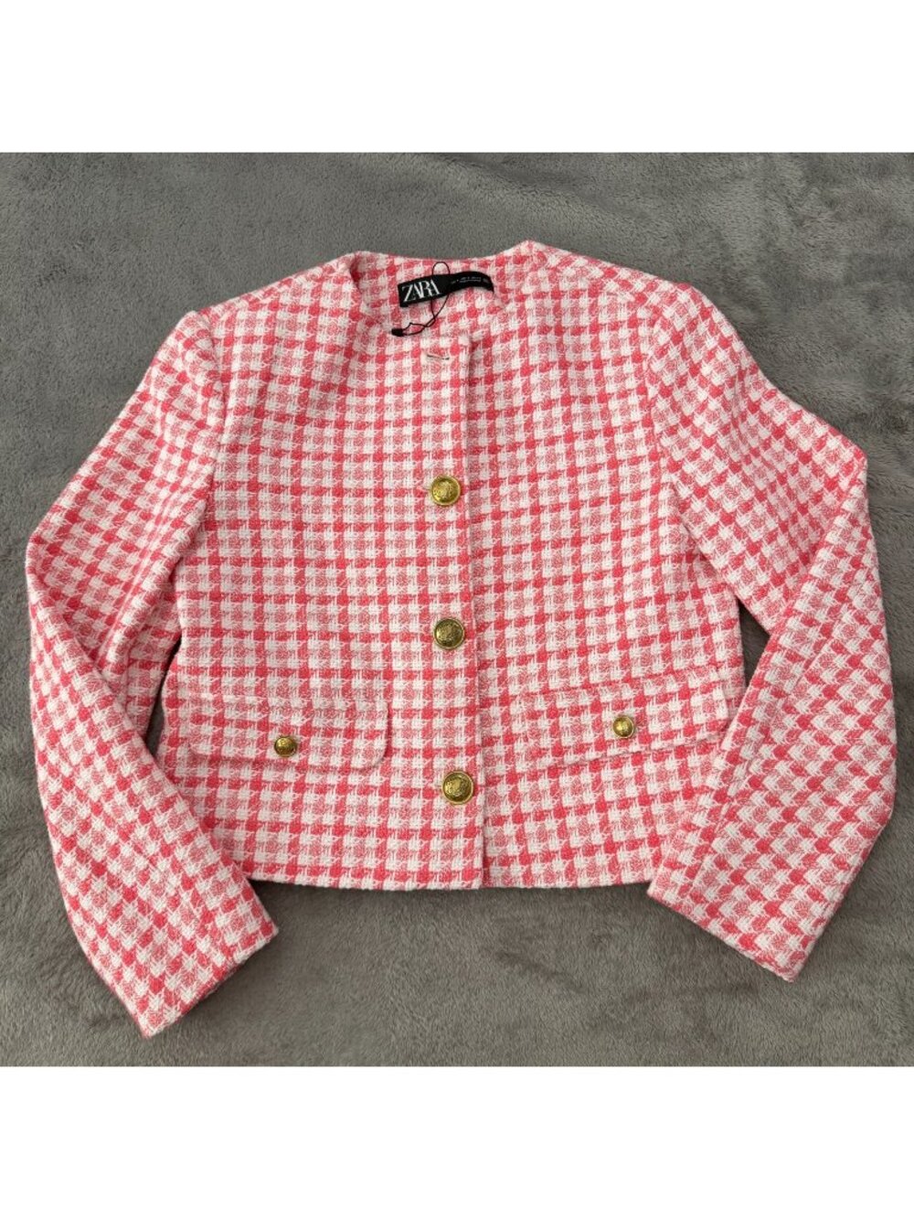 Zara Houndstooth Pink White Lady Jacket Collarless Blazer SMALL Preppy Old Money
